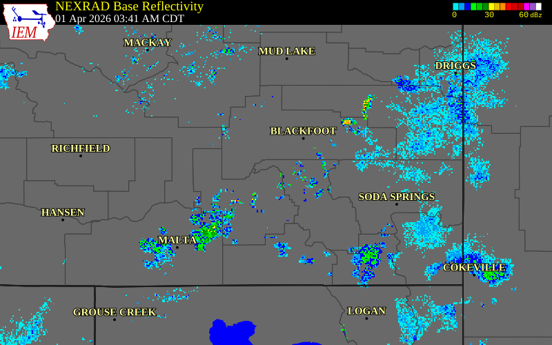 NEXRAD radar during the Wednesday, April 1, 2026 storm activity in Power County, Idaho
