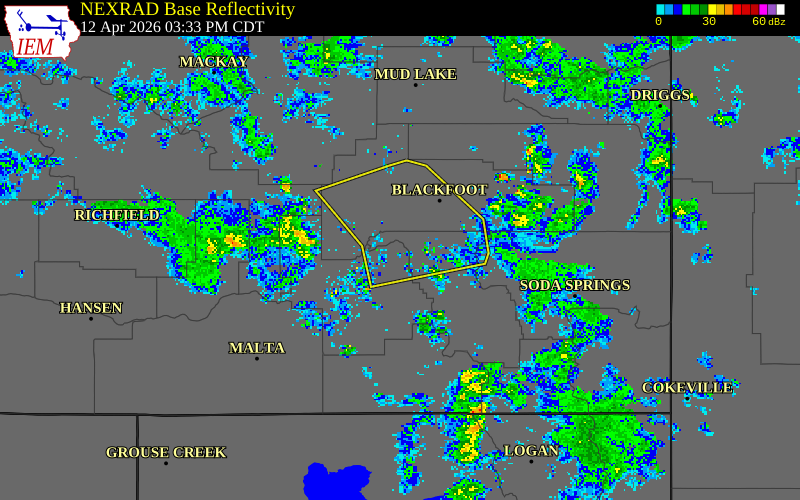 NEXRAD radar during the Sunday, April 12, 2026 storm activity in Power County, Idaho