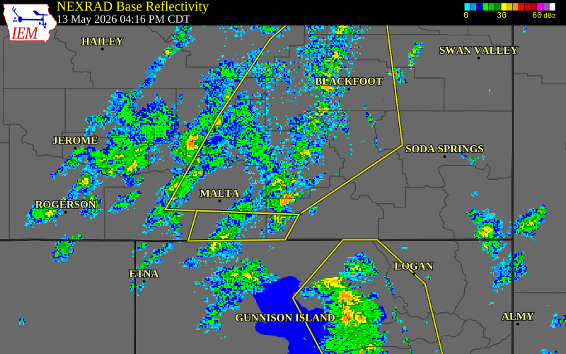 NEXRAD radar during the Wednesday, May 13, 2026 storm activity in Power County, Idaho