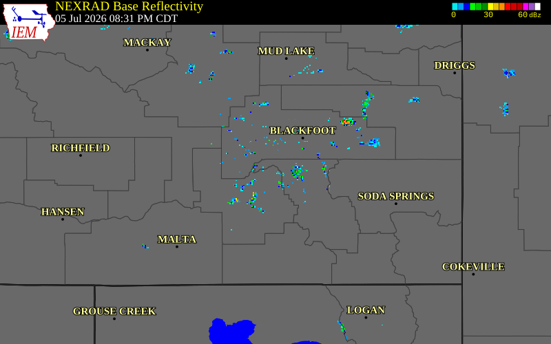 NEXRAD radar during the Sunday, July 5, 2026 storm activity in Power County, Idaho