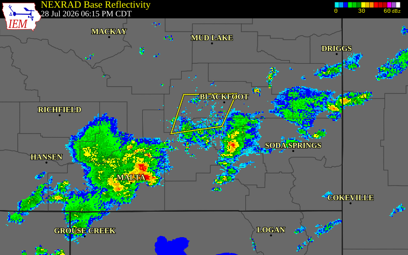 NEXRAD radar during the Tuesday, July 28, 2026 storm activity in Power County, Idaho