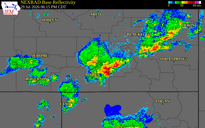 NEXRAD radar during the Wednesday, July 29, 2026 storm activity in Power County, Idaho