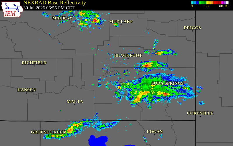 NEXRAD radar during the Thursday, July 30, 2026 storm activity in Power County, Idaho