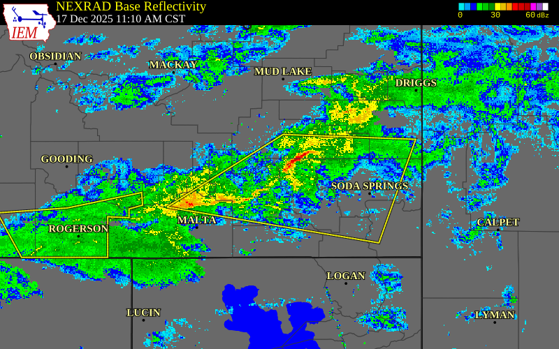 Radar snapshot during the Dec 17, 2025 wind event near 3 WSW Pocatello, Power County, Idaho, with NWS warning polygons