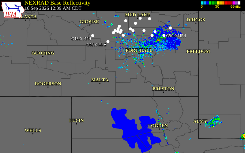 Current NEXRAD radar over Power County, Idaho with recent storm report locations