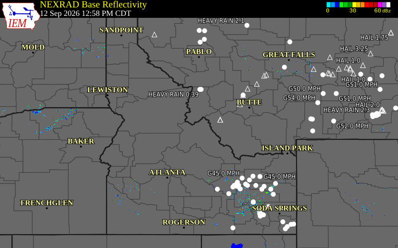 Current NEXRAD radar across Idaho with recent storm report locations