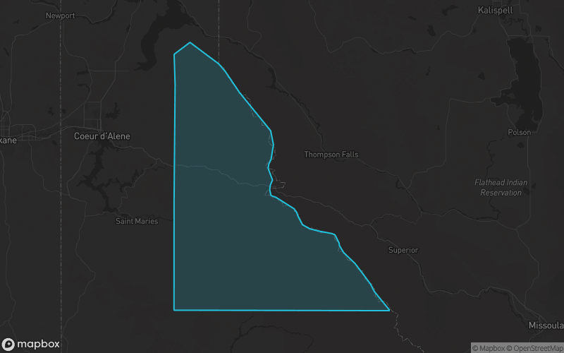 Map of Shoshone County, Idaho showing the county boundary and surrounding cities
