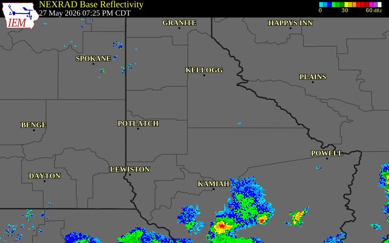 NEXRAD radar during the Wednesday, May 27, 2026 storm activity in Shoshone County, Idaho