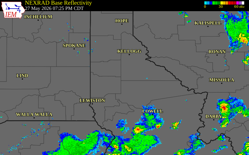 Radar snapshot during the May 27, 2026 hail event near Clarkia, Shoshone County, Idaho, with NWS warning polygons