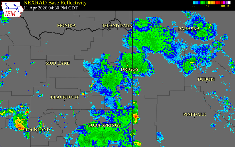 NEXRAD radar during the Saturday, April 11, 2026 storm activity in Teton County, Idaho