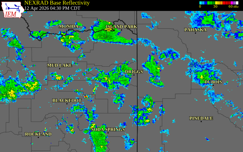 NEXRAD radar during the Sunday, April 12, 2026 storm activity in Teton County, Idaho