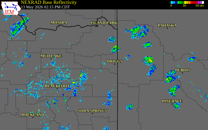 NEXRAD radar during the Wednesday, May 13, 2026 storm activity in Teton County, Idaho