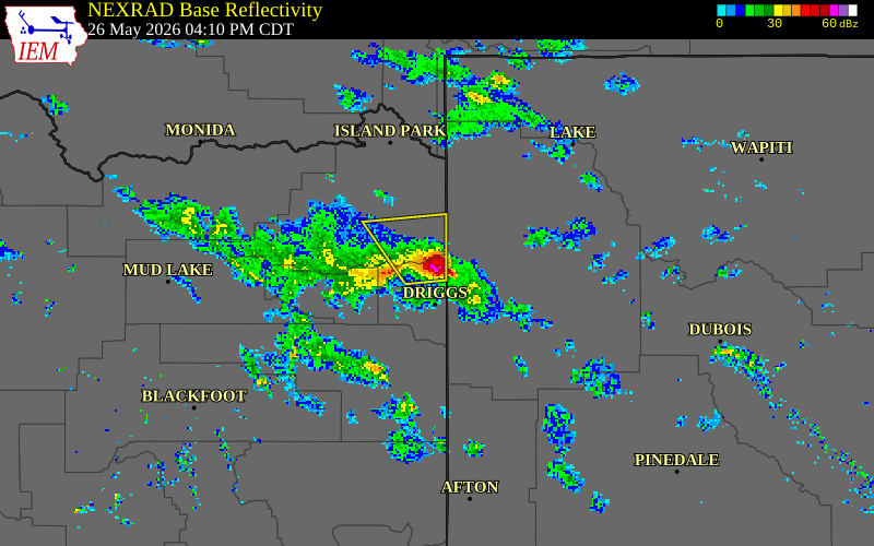 NEXRAD radar during the Tuesday, May 26, 2026 storm activity in Teton County, Idaho