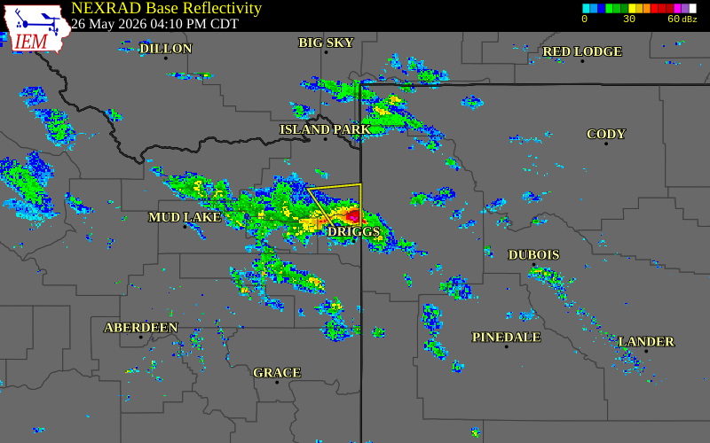 Radar snapshot during the May 26, 2026 hail event near 4 SE Judkins, Teton County, Idaho, with NWS warning polygons