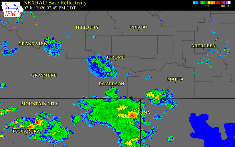 NEXRAD radar during the Tuesday, July 7, 2026 storm activity in Twin Falls County, Idaho