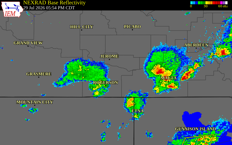 NEXRAD radar during the Wednesday, July 29, 2026 storm activity in Twin Falls County, Idaho