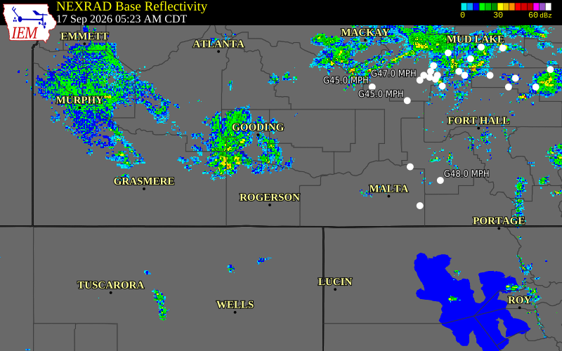 Current NEXRAD radar over Twin Falls County, Idaho with recent storm report locations