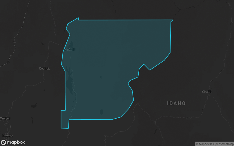 Map of Valley County, Idaho showing the county boundary and surrounding cities