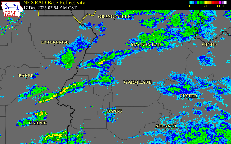 NEXRAD radar during the Wednesday, December 17, 2025 storm activity in Valley County, Idaho
