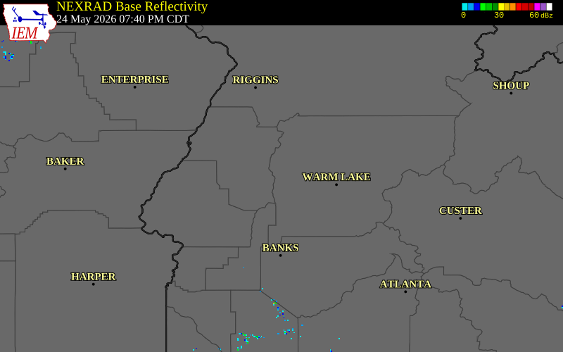 NEXRAD radar during the Sunday, May 24, 2026 storm activity in Valley County, Idaho