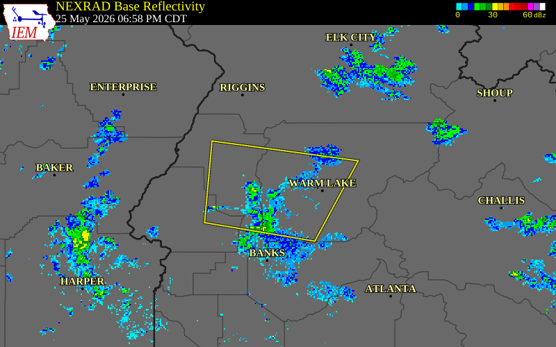 NEXRAD radar during the Monday, May 25, 2026 storm activity in Valley County, Idaho