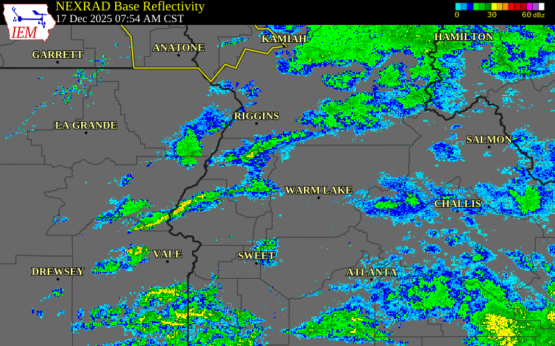 Radar snapshot during the Dec 17, 2025 wind event near Mccall, Valley County, Idaho, with NWS warning polygons