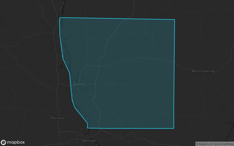 Map of Adams County, Illinois showing the county boundary and surrounding cities