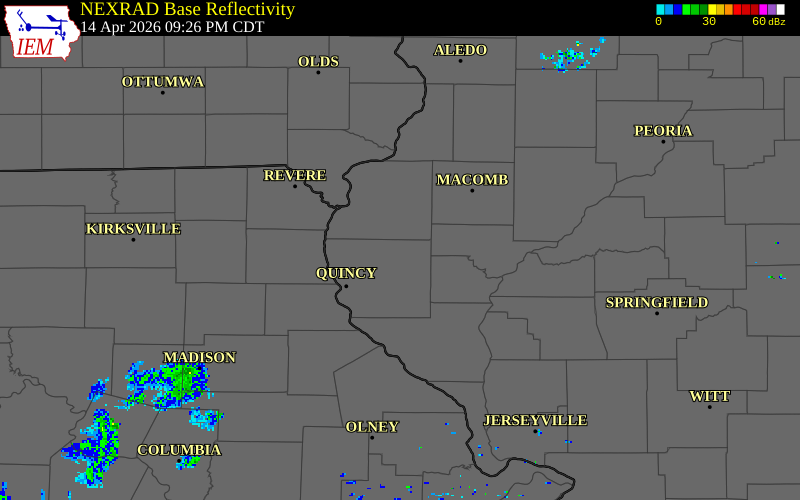 NEXRAD radar during the Tuesday, April 14, 2026 storm activity in Adams County, Illinois