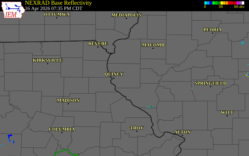 NEXRAD radar during the Thursday, April 16, 2026 storm activity in Adams County, Illinois