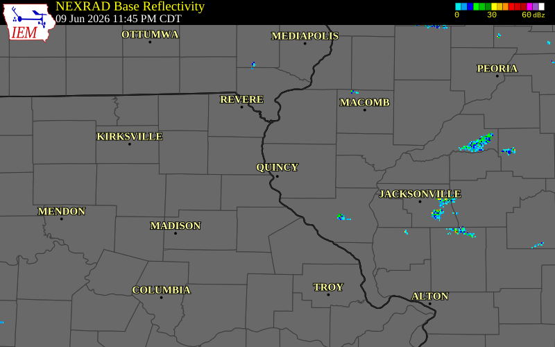 NEXRAD radar during the Tuesday, June 9, 2026 storm activity in Adams County, Illinois