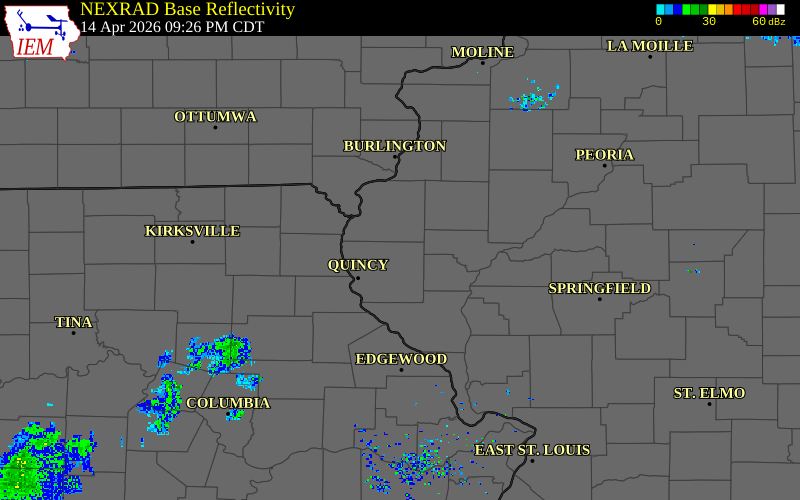 Radar snapshot during the Apr 14, 2026 tornado event near 3 WSW Chatton, Adams County, Illinois, with NWS warning polygons