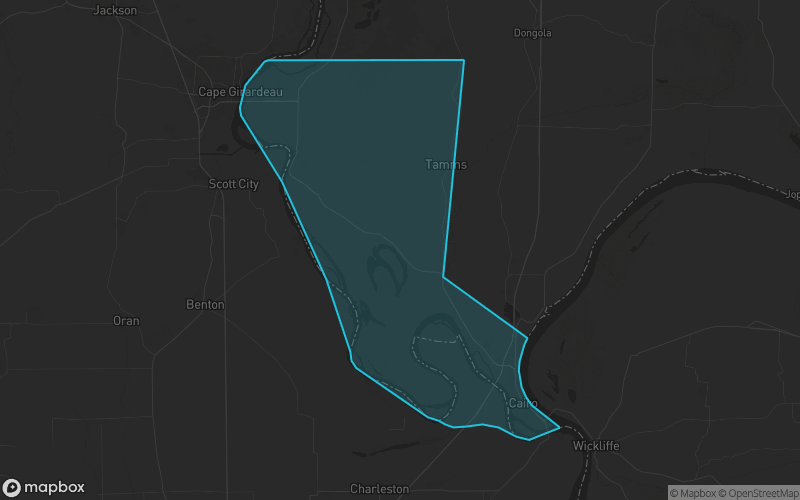 Map of Alexander County, Illinois showing the county boundary and surrounding cities