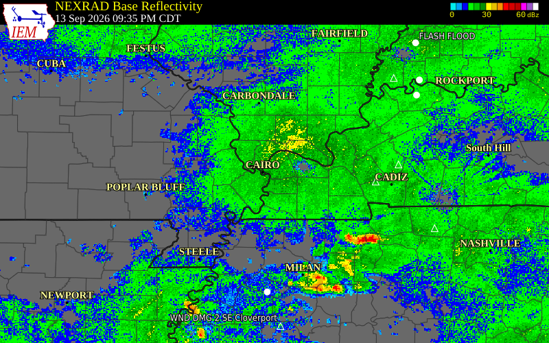 Current NEXRAD radar over Alexander County, Illinois with recent storm report locations