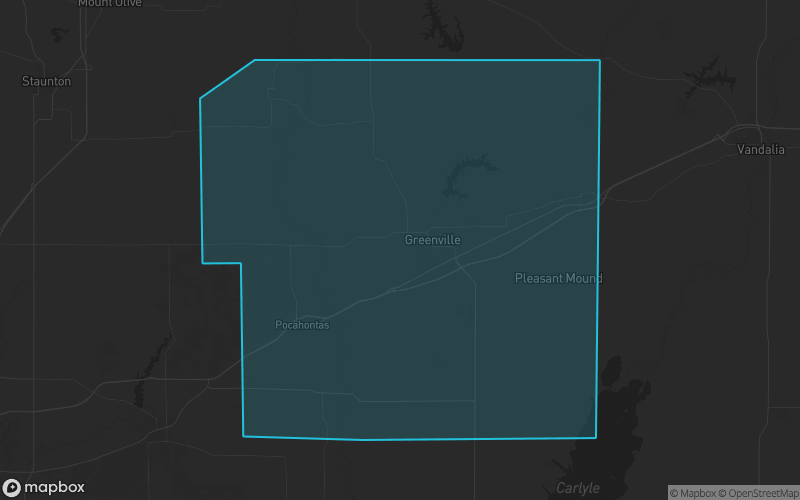 Map of Bond County, Illinois showing the county boundary and surrounding cities