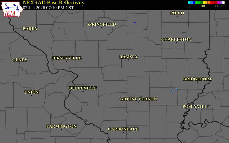 NEXRAD radar during the Wednesday, January 7, 2026 storm activity in Bond County, Illinois