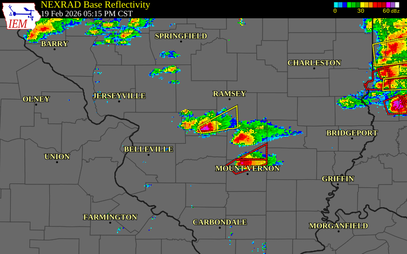 NEXRAD radar during the Thursday, February 19, 2026 storm activity in Bond County, Illinois