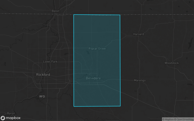 Map of Boone County, Illinois showing the county boundary and surrounding cities