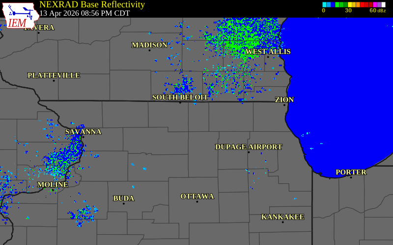 NEXRAD radar during the Monday, April 13, 2026 storm activity in Boone County, Illinois