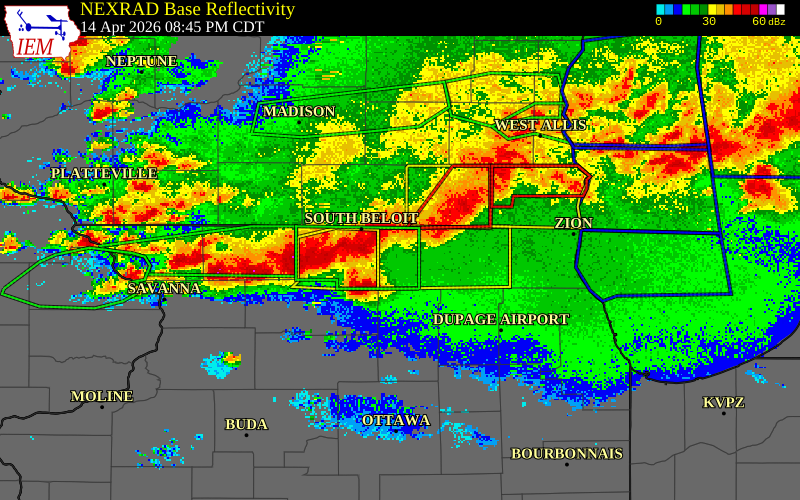NEXRAD radar during the Tuesday, April 14, 2026 storm activity in Boone County, Illinois