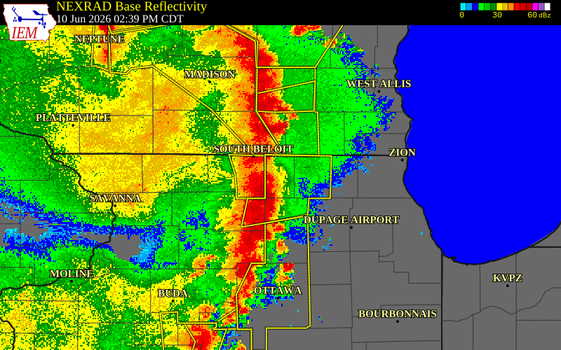 NEXRAD radar during the Wednesday, June 10, 2026 storm activity in Boone County, Illinois