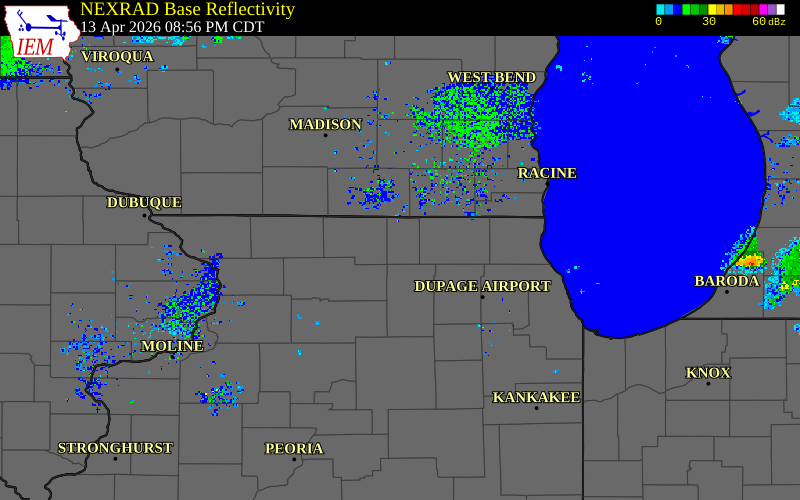 Radar snapshot during the Apr 13, 2026 hail event near 1 WNW Belvidere, Boone County, Illinois, with NWS warning polygons