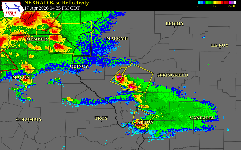 NEXRAD radar during the Friday, April 17, 2026 storm activity in Brown County, Illinois