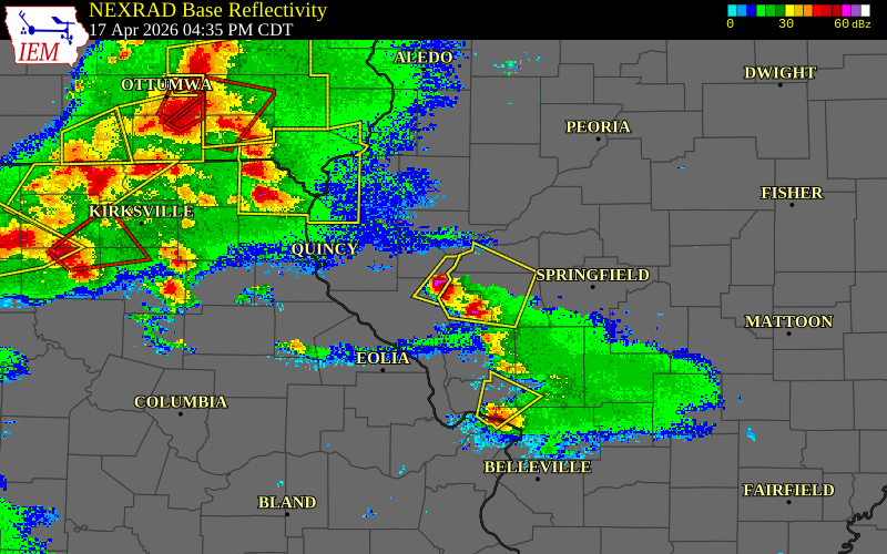 Radar snapshot during the Apr 17, 2026 wind event near 3 NE Chambersburg, Brown County, Illinois, with NWS warning polygons
