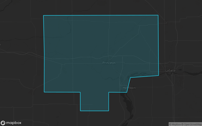 Map of Bureau County, Illinois showing the county boundary and surrounding cities