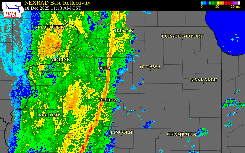 NEXRAD radar during the Thursday, December 18, 2025 storm activity in Bureau County, Illinois