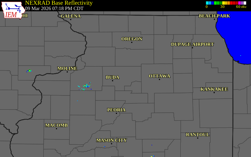 NEXRAD radar during the Monday, March 9, 2026 storm activity in Bureau County, Illinois