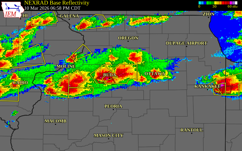 NEXRAD radar during the Tuesday, March 10, 2026 storm activity in Bureau County, Illinois