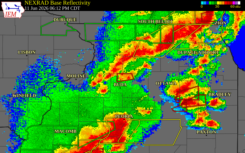 NEXRAD radar during the Thursday, June 11, 2026 storm activity in Bureau County, Illinois
