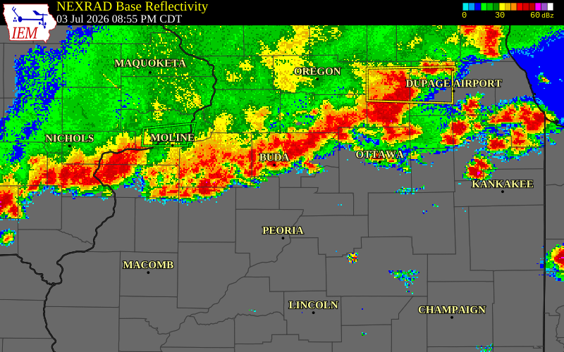 NEXRAD radar during the Friday, July 3, 2026 storm activity in Bureau County, Illinois