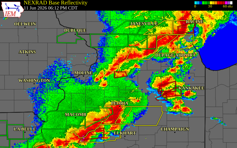 Radar snapshot during the Jun 11, 2026 tornado event near 3 SW Walnut, Bureau County, Illinois, with NWS warning polygons